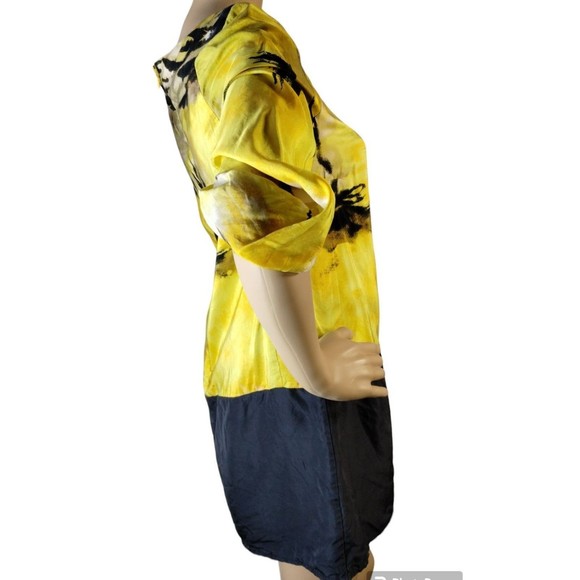 100% Silk Abstract Yellow Black Zip Scoop Neck Ruche 3/4 Sleeve Size XS Dress - Picture 5 of 12